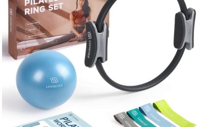LIONSCOOL Juego de Anillo de Pilates – Círculo Mágico Antideformación de 14 pulgadas con Asas Acolchadas, Mini Pelota, Bandas de Resistencia, Guía y Bolsa
