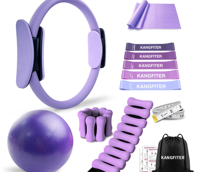 KANGFITER Kit de equipo de pilates para entrenamiento en casa, juego de anillos de pilates y pelota con pesas ajustables para muñeca de tobillo, bandas de resistencia, cinta métrica, bolsa, accesorios